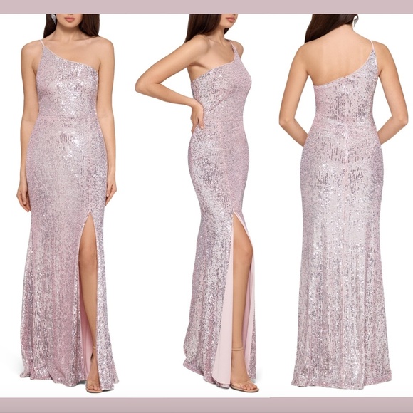 NWT $259‎ Xscape One-Shoulder Sequin Gown in Pink/Silver [ SZ 8 ] #E935